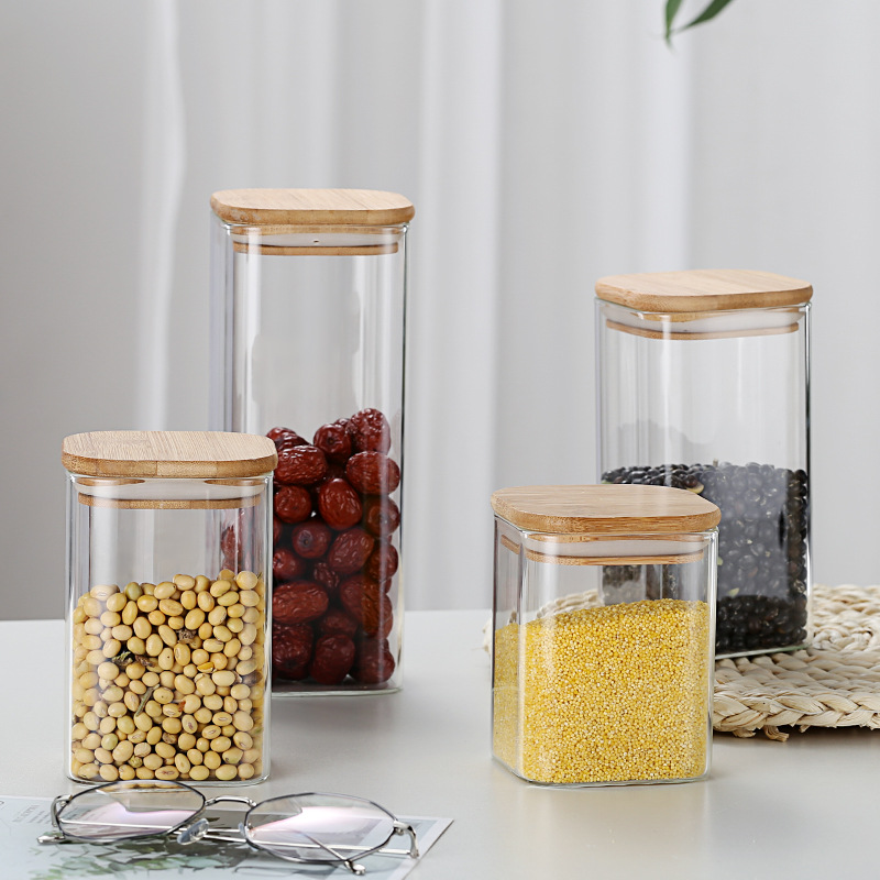 Square Storage Jar with Bamboo Lid, Sealed Jar for Kitchen Grains, Candies, Tea, Glass Storage Jar, Glass Bottle