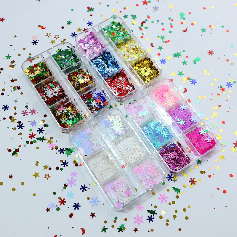 Набор из 6 карманов ультратонких рождественских снежинок для ногтей, белые снежинки, рождественский блеск, европейский и американский стиль