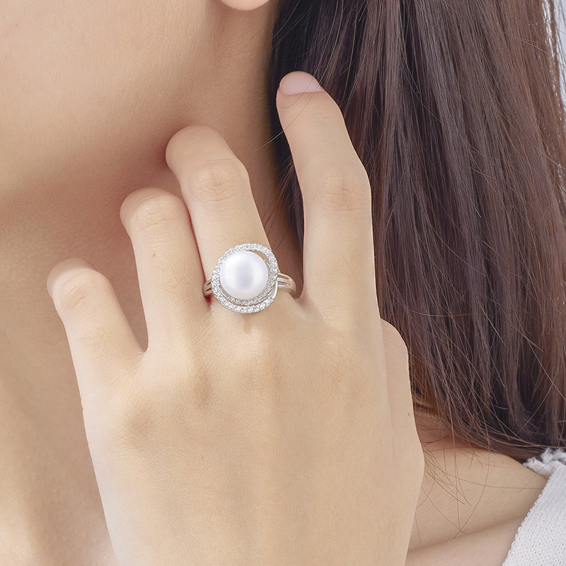 Cross-Border fashion freshwater pearl opening ring zircon vortex ring Joker jewelry DIY empty tray manufacturers wholesale