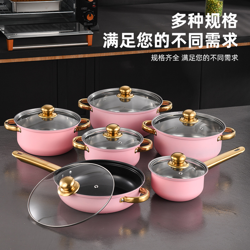 Foreign Trade Stainless Steel 12PCS Pot suit Soup Pot Non-stick Frying Pan Milk Pot Gold-plated Handle Gift Set Pot