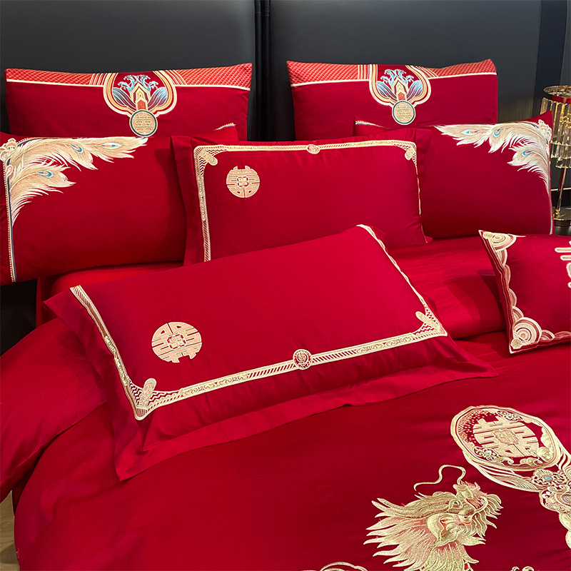 Light Luxury Big Red Wedding Four-Piece Set of Pure Cotton Bedding Dragon and Phoenix Embroidered Bed Sheetss and Quilt Covers Wedding Bedding