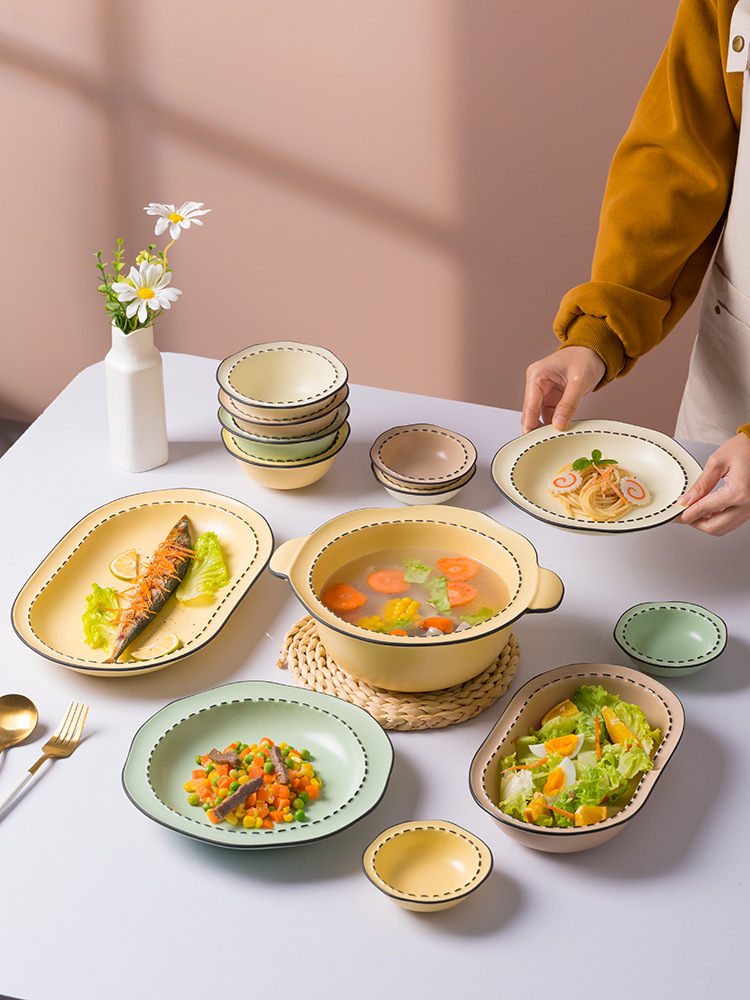 Japanese Style Household Ceramic Tableware Underglaze Color Bowl and Dish Rice Bowl Mulan Creek High Color Value Bowl and Dish Internet Celebrity Bowl and Dish Set