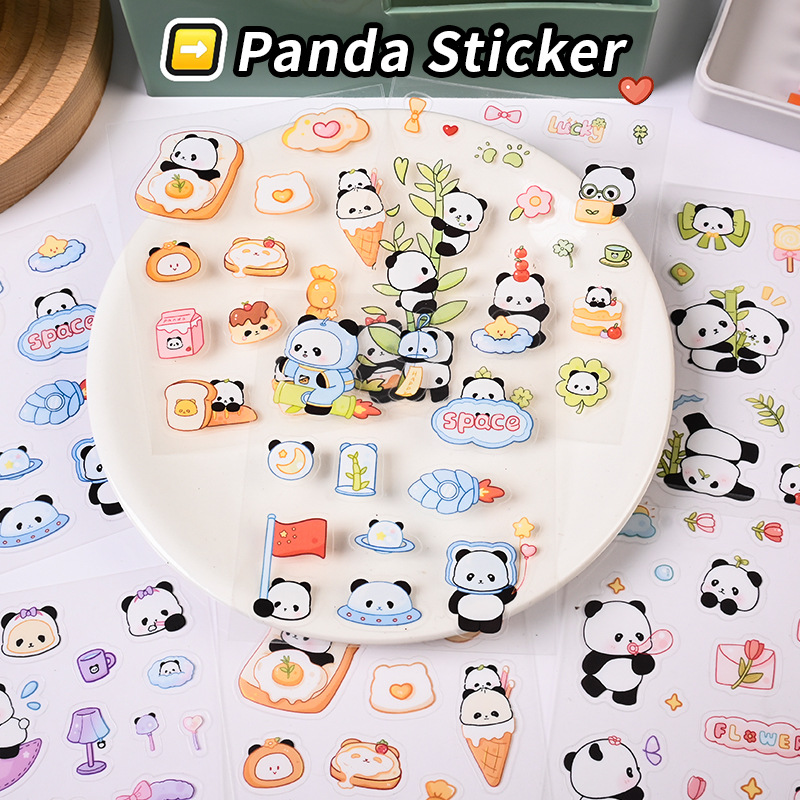 Cute Handmade Panda Pattern Cartoon PET Sticker Children's Fun Self-adhesive Hand Account Sticker Waterproof Panda Sticker