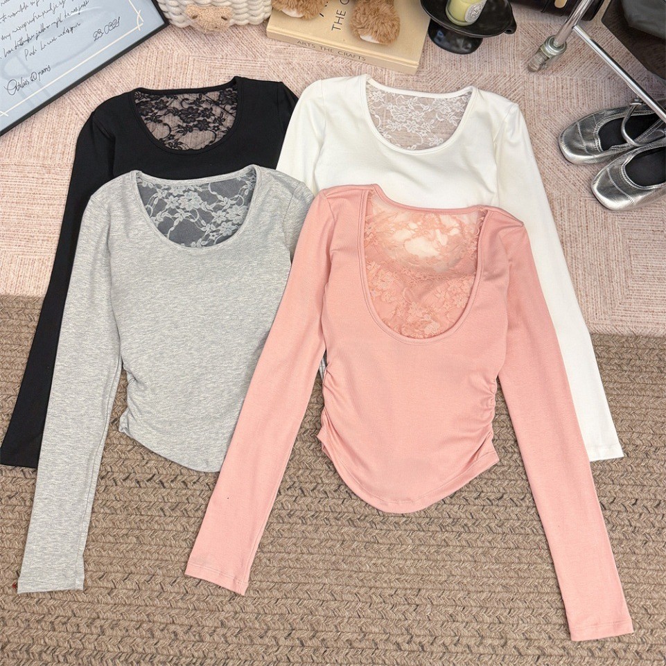 5165 Pure Desire Hollow Design Sexy Backless Lace Patchwork Long Sleeve Slim Fit Base Layer Hot Girl Top for Autumn and Winter