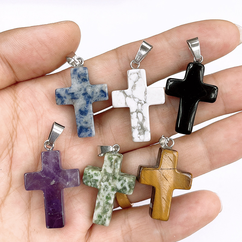 Cross-border natural crystal cross pendant European and American fashion foreign trade diy jewelry accessories leather rope clavicle chain wholesale