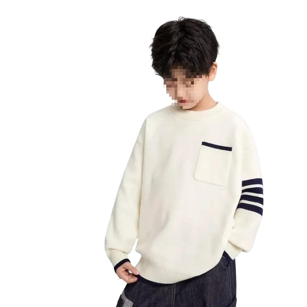 Boys' Preppy Classic 2025 New Striped Crew Neck Sweater with Contrasting Color Small Pocket Knitwear Children's Off-White