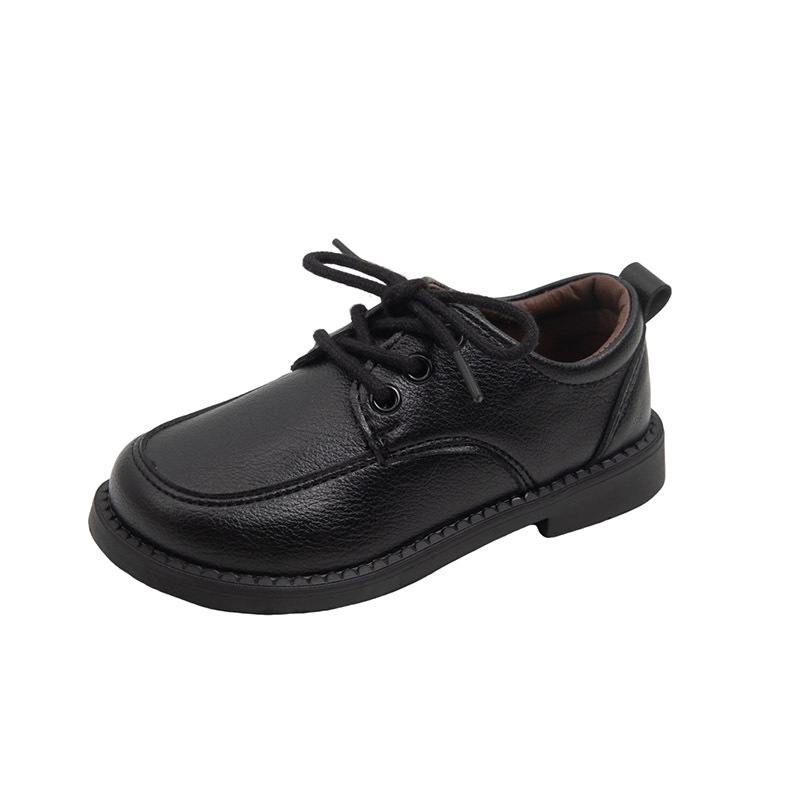 Spring and Autumn New Matte Lace-Up Casual Black Small and Medium Boys' Shoes Non-Slip Velcro Breathable Performance British Leather Shoes