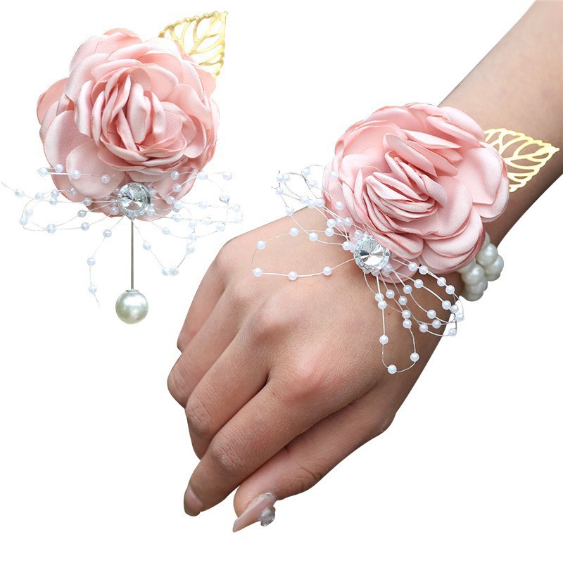 769 Wedding Corsage Wholesale Wrist Flower Pearl Rhinestone Corsage Bride Groom Pin Satin Rose Gold Leaf