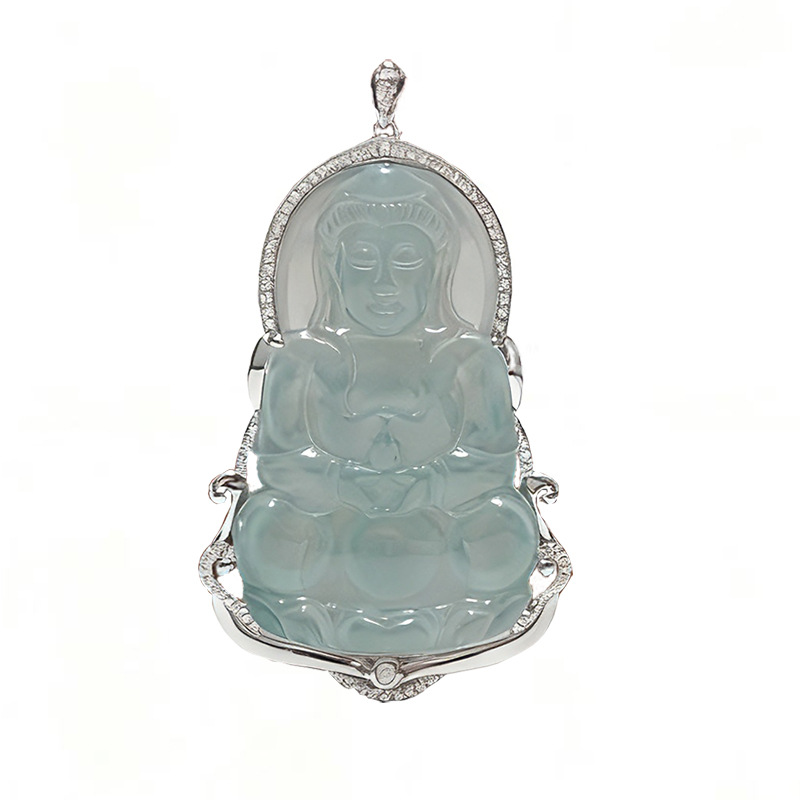 Platinum Pt950 Cultivated Diamond Jade Guanyin Inlaid Full Diamond Pendant