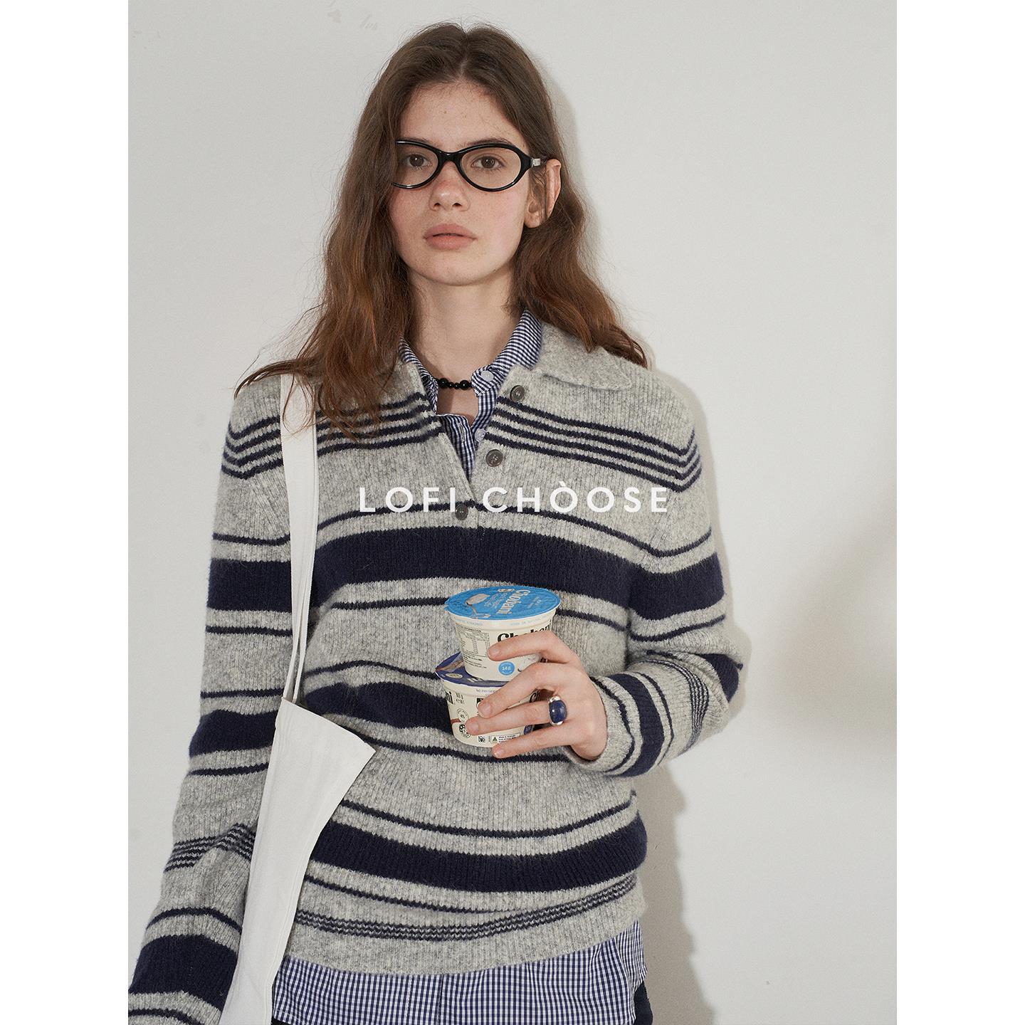 Lofi Choose Stripesd Polo Collar Knitted Sweater Women's Autum New Simple Loose Versatile Long-Sleeved Top