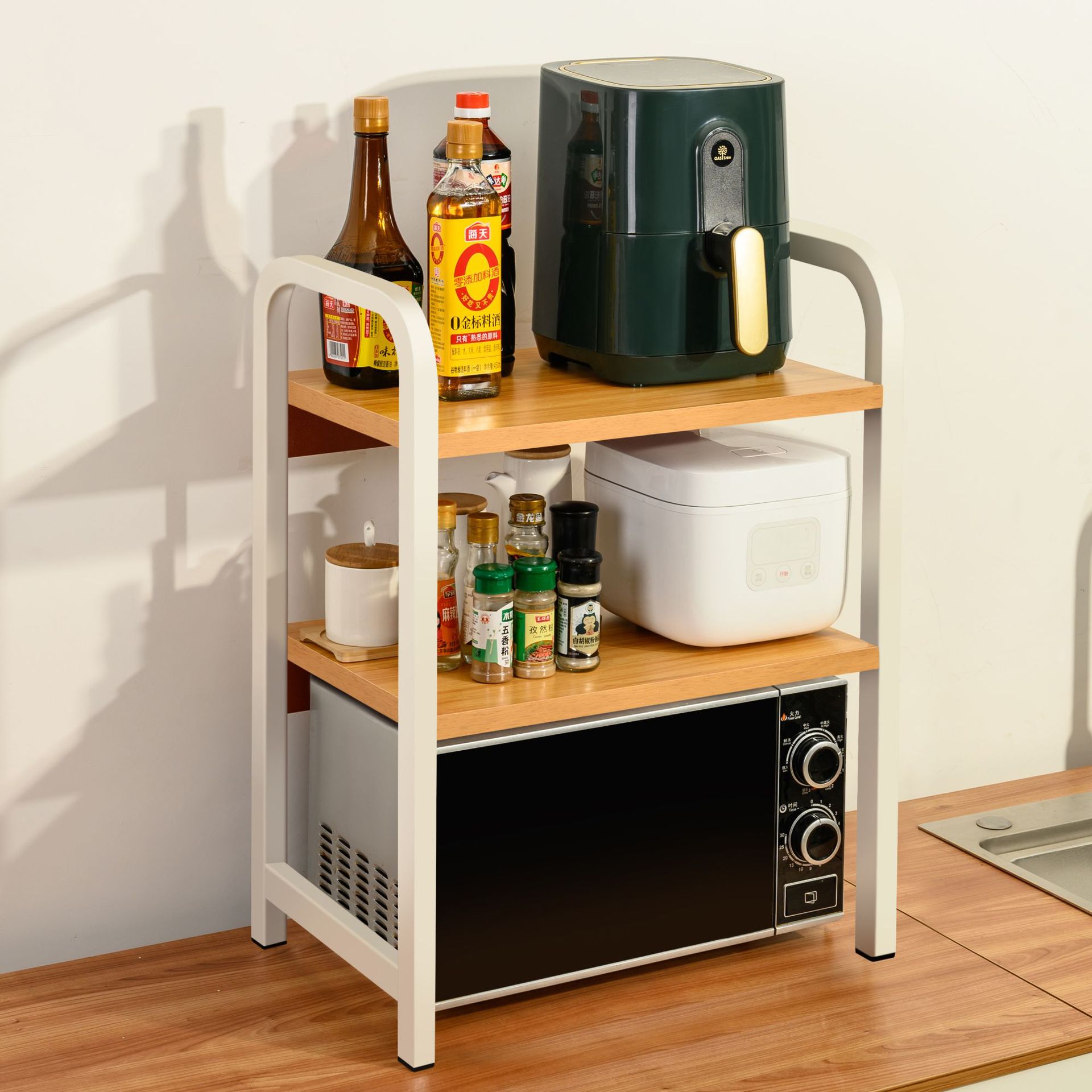 Jujiajia Kitchen Microwave Oven Storage Rack Desktop Double-Layer Table Top Rack Household Multi-Layer Seasoning Storage Rack