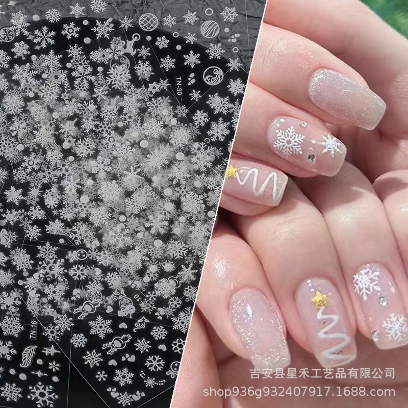 Xiaohongshu Popular Christmas Snowflake Nail Art Stickers White Snowflake Elk Christmas Nail Stickers Manufacturer Wholesale