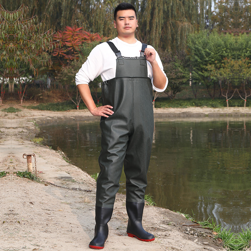 Thickened One-Piece Wading Pants for Aquaculture and Fishing, with Suspenders, Rain Boots, Fishing Pants, Durable and Wear-Resistant Half-Body Men's Wading Pants for Beachcombing