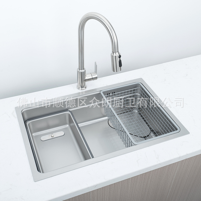 Zhonglang Japanese Style 304 Stainless Steel Brushed Embossed Nano Gray Large Single Tank Thick Edge Stretch Sink Vegetable Basin 7643