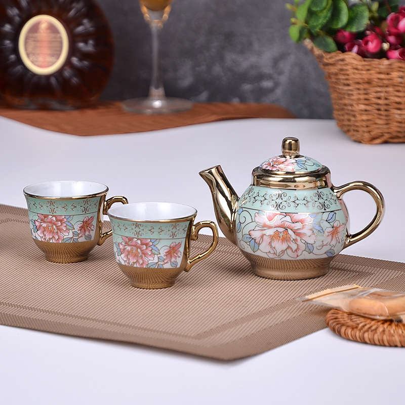 Manufacturer European Electroplated Ceramic Tea Set Gold-Plated Coffee Cup and Saucer Conference Gift Ceramic Cup and Pot Set Logo