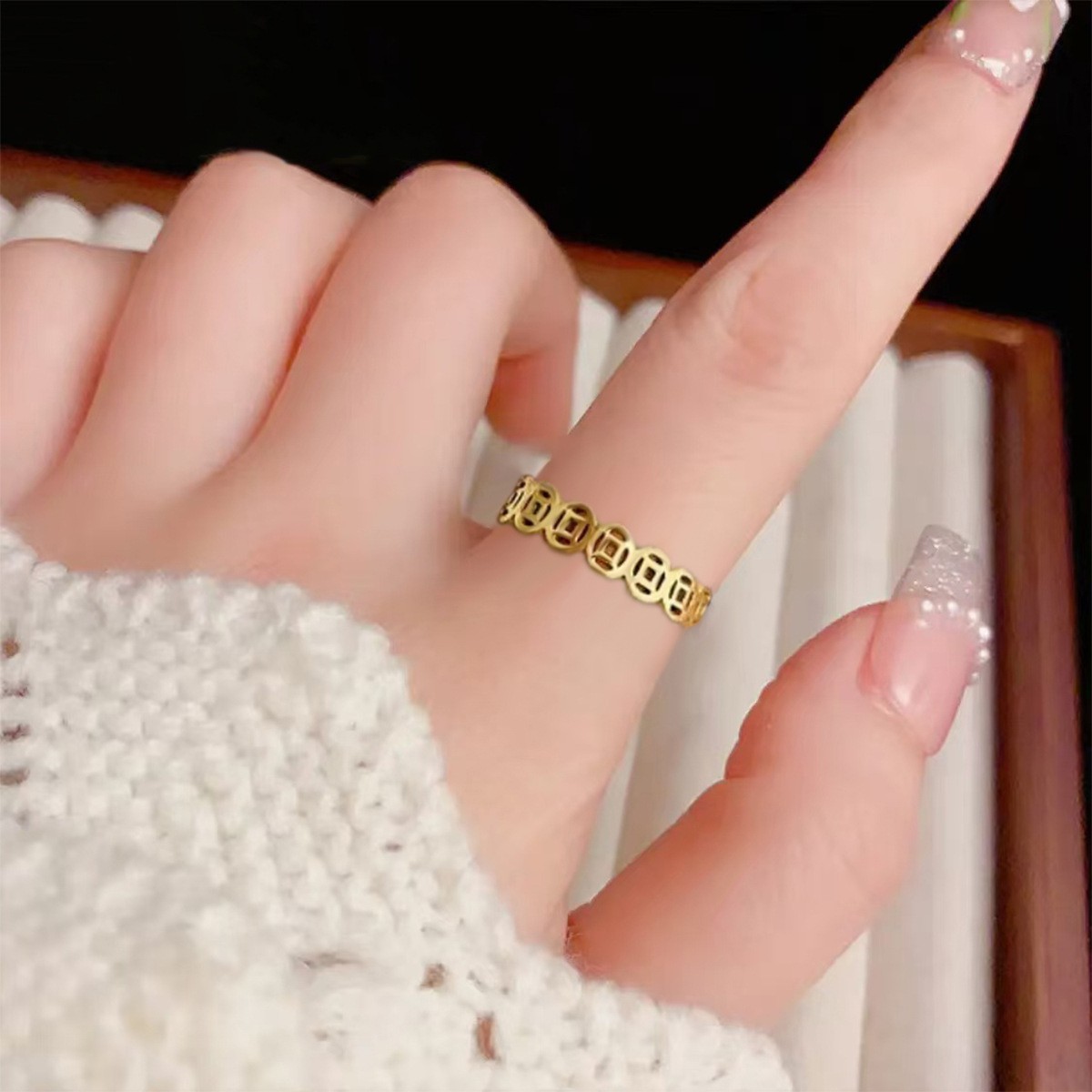 TikTok Little Red Riding Book Explosions Money Duoduo Copper Ring for Women's Chinese National Fashion Stainless Steel Coin Fashion Men's Couple Ring