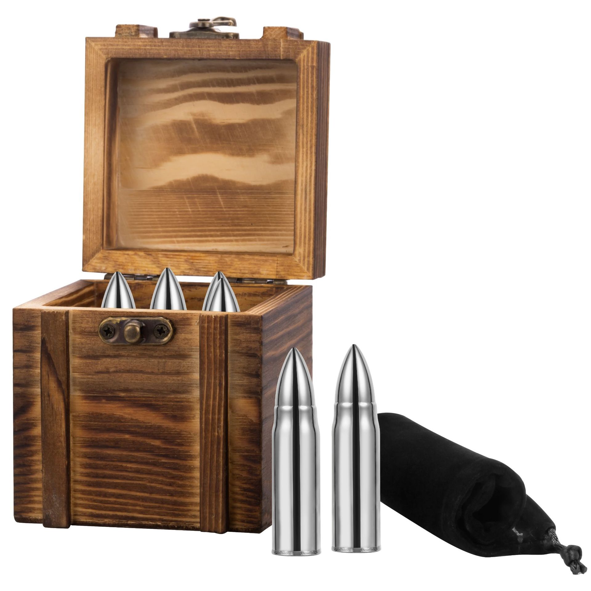 Amazon Bullet Whiskey Stone Set-Wooden Boxed Gold/Silver Ice Cube Bullet Ice Wine Stone