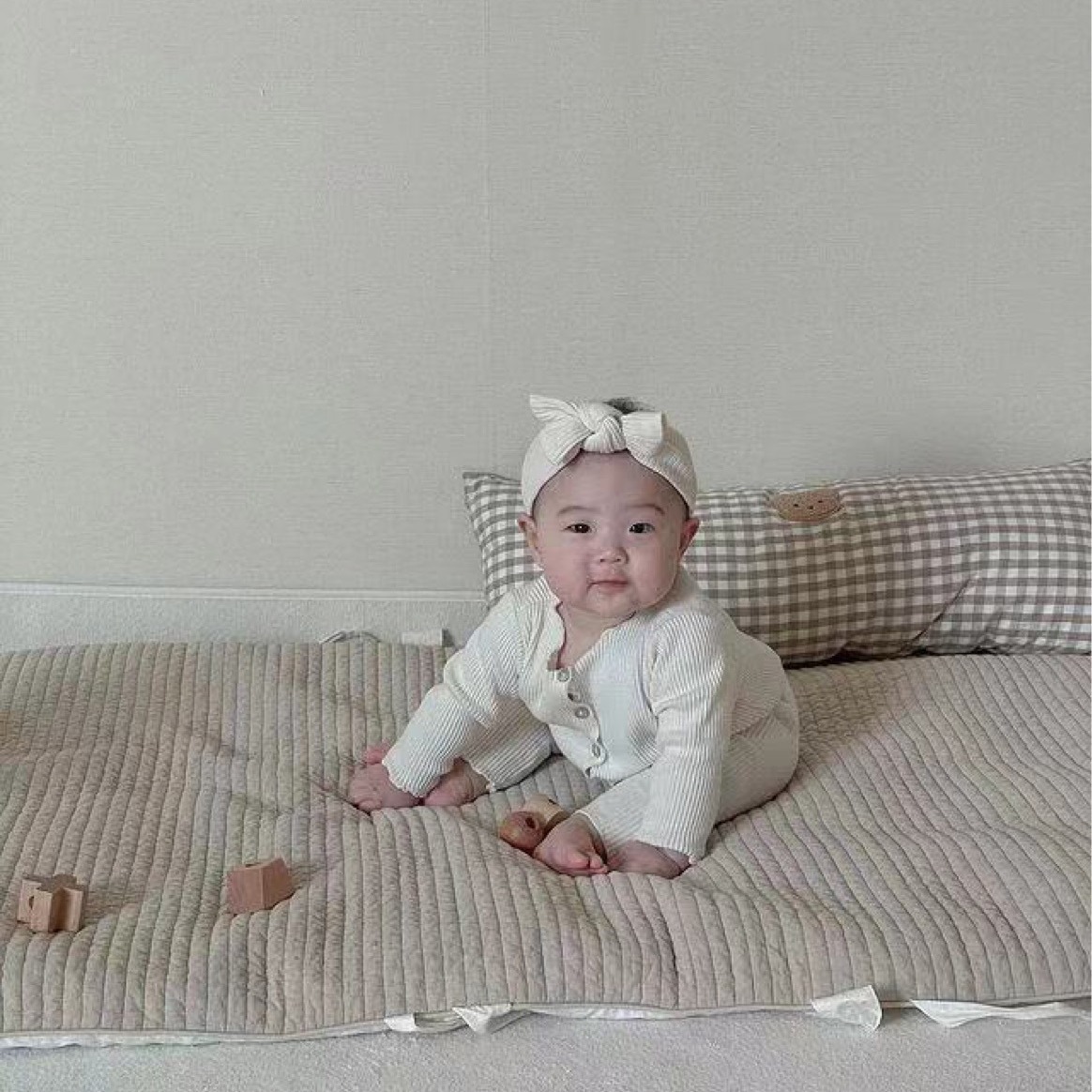 Ins Rectangular Plaid Bear Cotton Comfort Anti-collision Pillow Baby Bed Cushion for Newborns