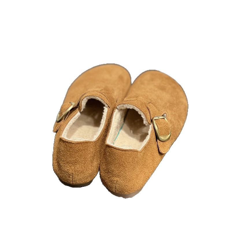 Frosted Cowhide 2025 Winter New Korean Style Fashionable Versatile Fleece-Lined Birkenstock Shoes Soft Sole Soft Bun Toe Shoes
