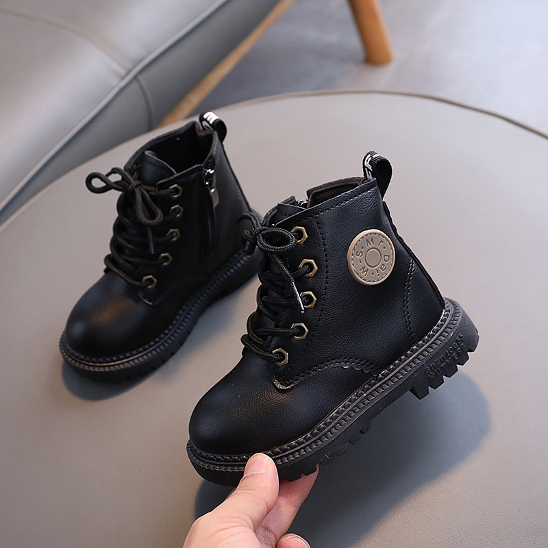 Autumn and Winter New Children's British Style Martin Boots Boys and Girls Soft Leather Non-Slip Boots Baby's Lace-Up Zipper Ankle Boots