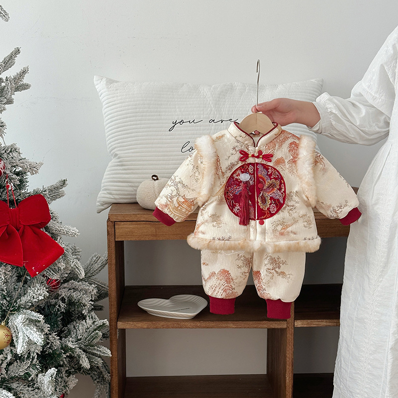 Infant and Toddler Clothes, Autumn and Winter Baby Cotton Clothes, One-Year-Old and 100-Day New Year's Greetings Clothes, Thickened Welfare Garden Landscape Painting Split Suit