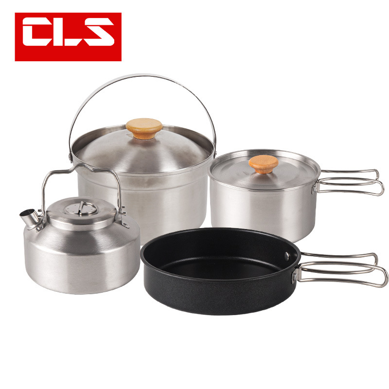 Cls Outdoor Pot Set Camping Style Stainless Steel Pot 4-Piece Set Water Kettle Frying Pan Cooking Pot Self-Driving Travel Portable Picnic Set