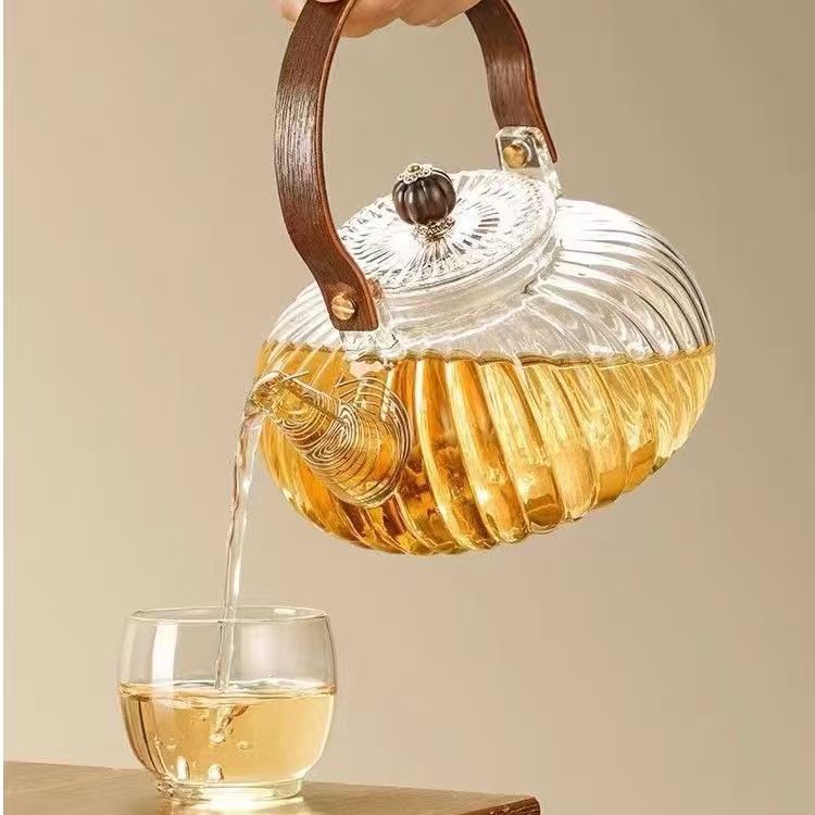 In-Stock Steaming Teapot High Borosilicate Glass Teapot Single Pot New Chinese Retro Style Teapot Tea Cup Set Striped Pot