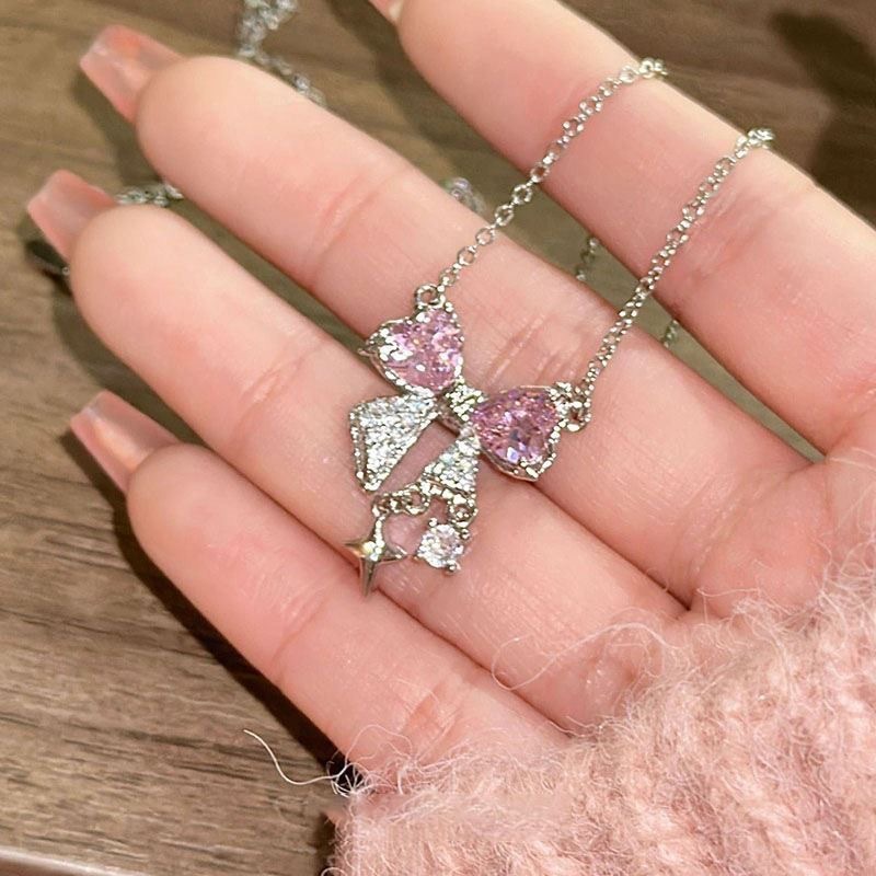 Popular online celebrity pink bow necklace ins student sweet cool girl clavicle chain all-match light luxury High sense summer