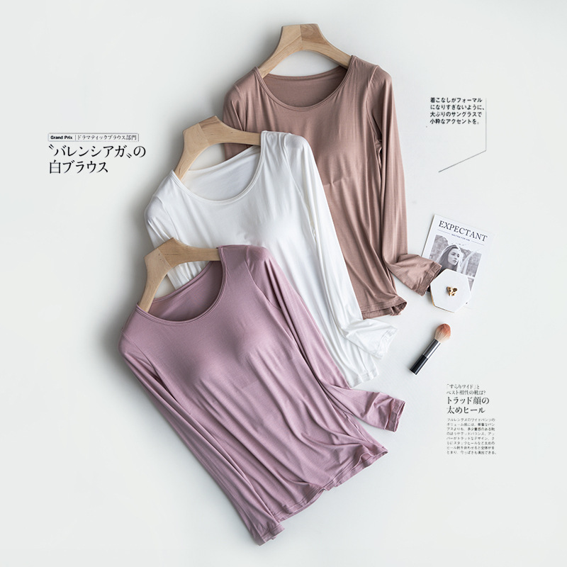 Modal women's long-sleeved T-shirt with chest pad bra-free wireless round neck yoga pajamas underwear slim bottoming shirt