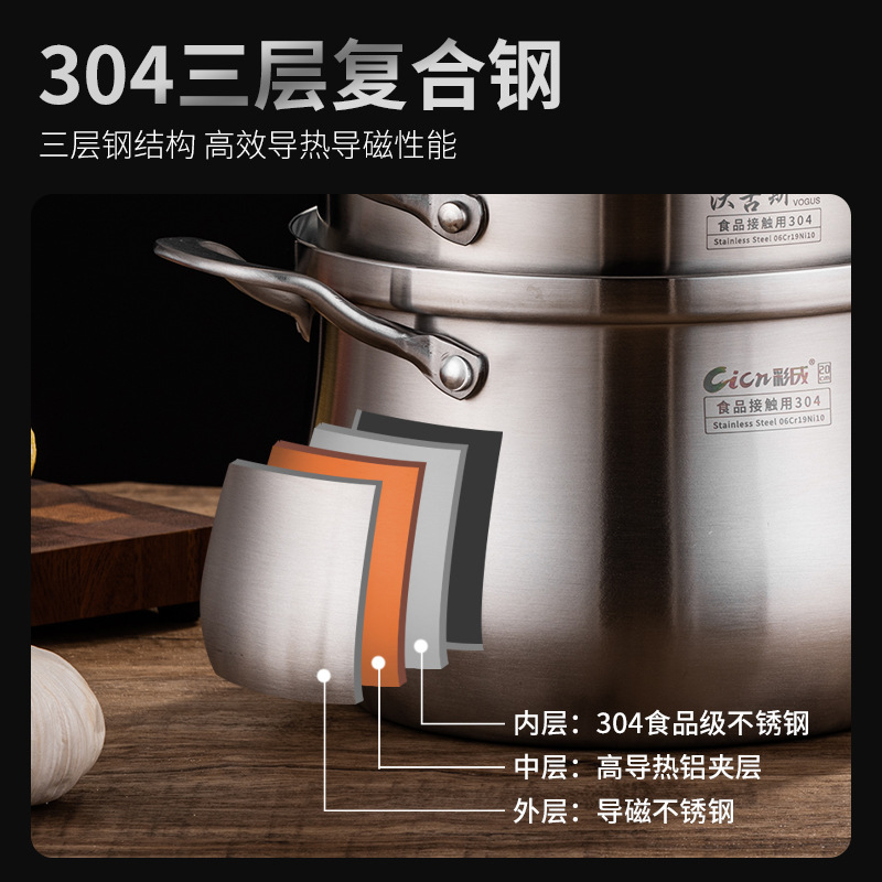 Strict selection new three-layer steel thickened soup pot gift 304 stainless steel induction cooker gas universal large capacity soup pot