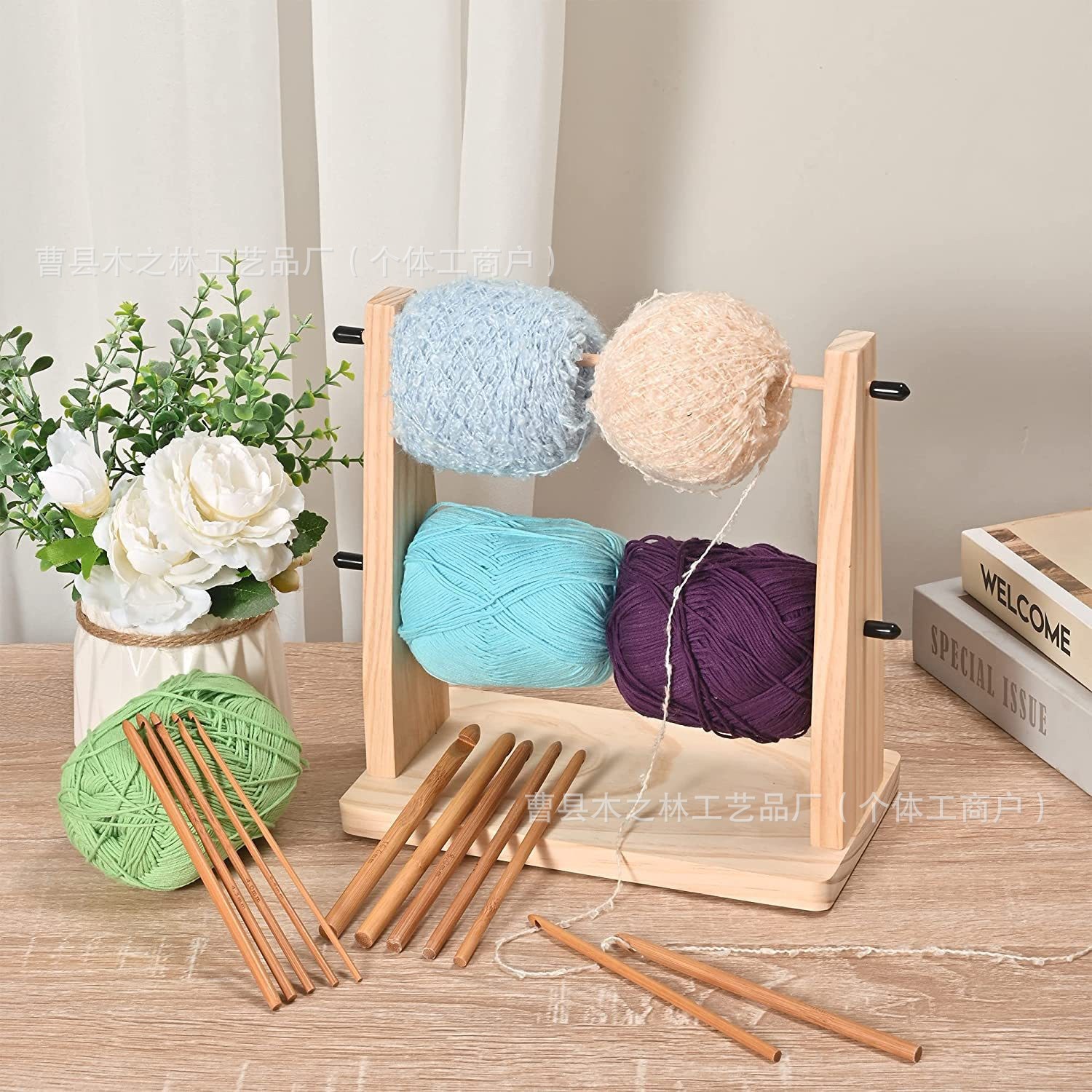 Bamboo bobbin rack easy to install high performance magnet hand-woven crocheted rotating yarn rack