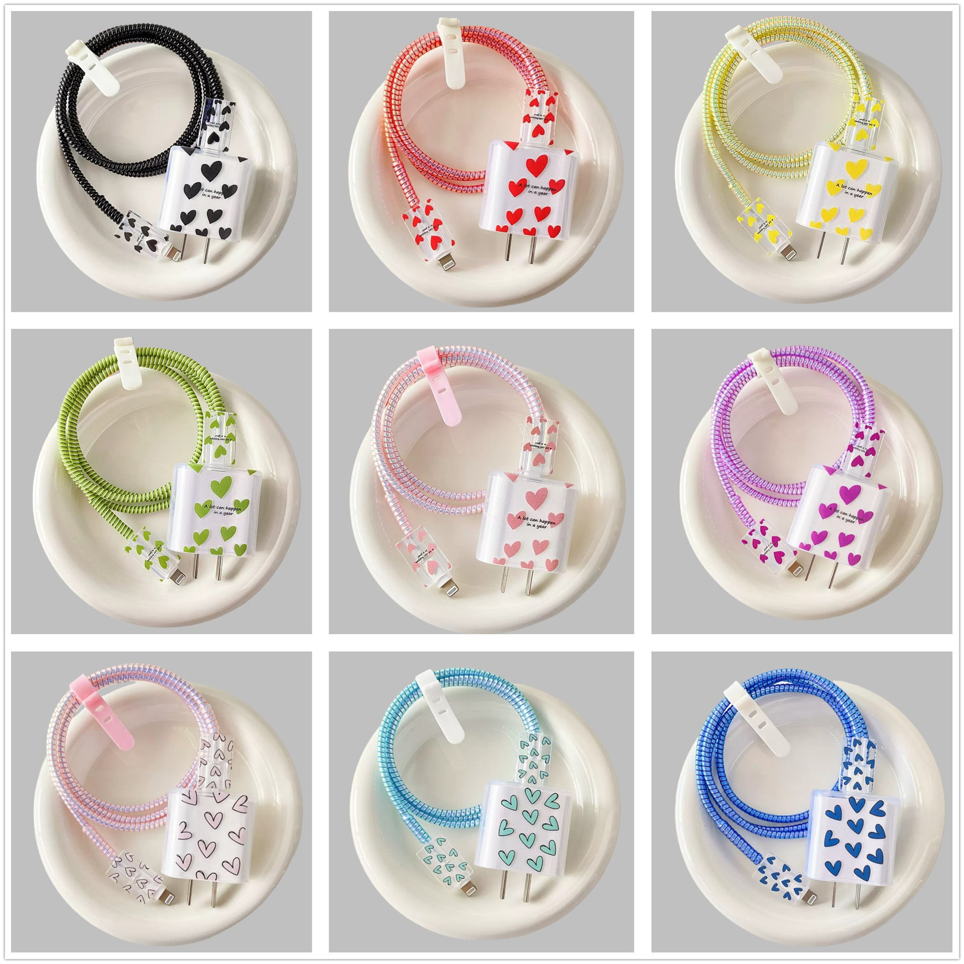 Casual Letters Colorful Heart Suitable for Apple Charger 20W Charging Head Cover Protective Cover Data Cable Bite