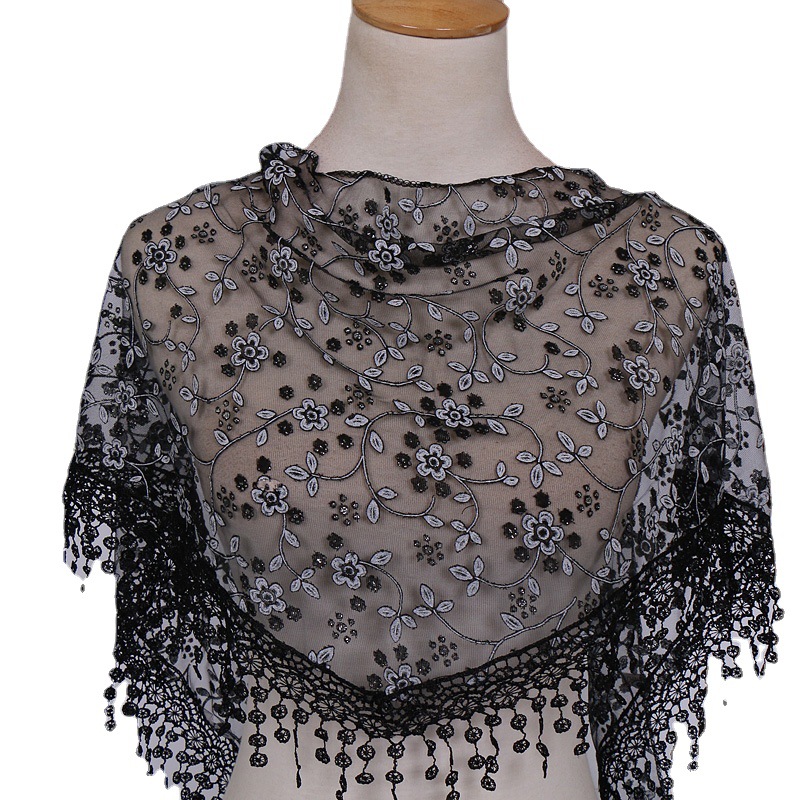 Cross-border Hot Sale Small Floral Breathable Lace Triangle Scarf Classic Polyester Tassel Triangle Scarf Women's Spot