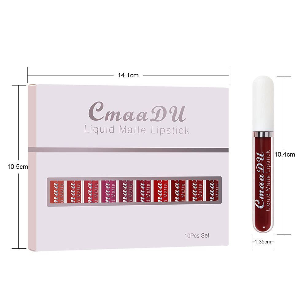 Cross-Border Exclusive Cmaadu 10-Pack Matte Long-Lasting Waterproof Lip Gloss Matte Non-Stick Cup Waterproof Long-Lasting Lipstick