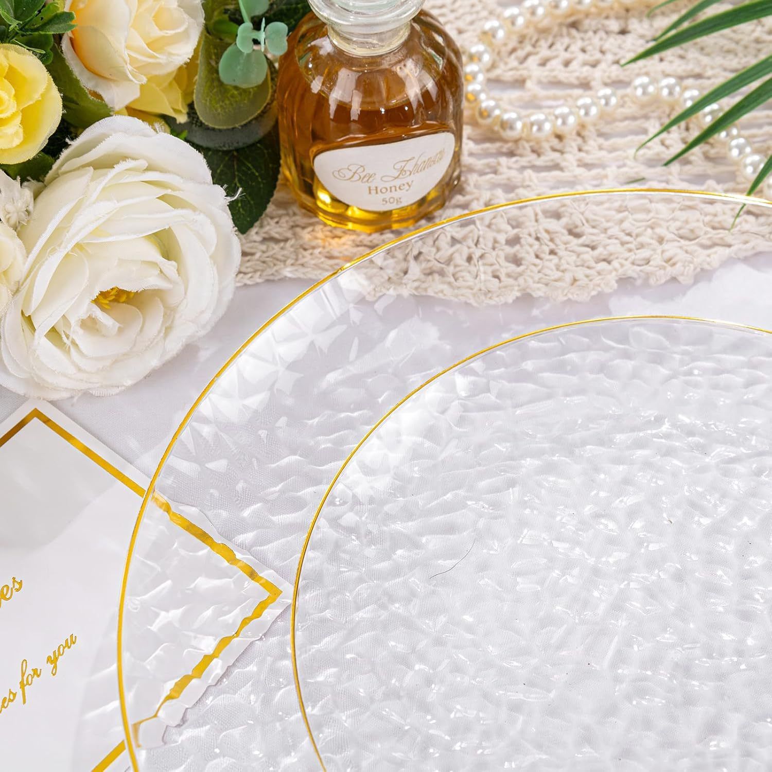 Cross-Border Supply of Plastic Disposable Tableware, Transparent Gold Plate, Hot Stamping Edge Stone Pattern, Transparent Plastic Plate Manufacturer Ready Stock
