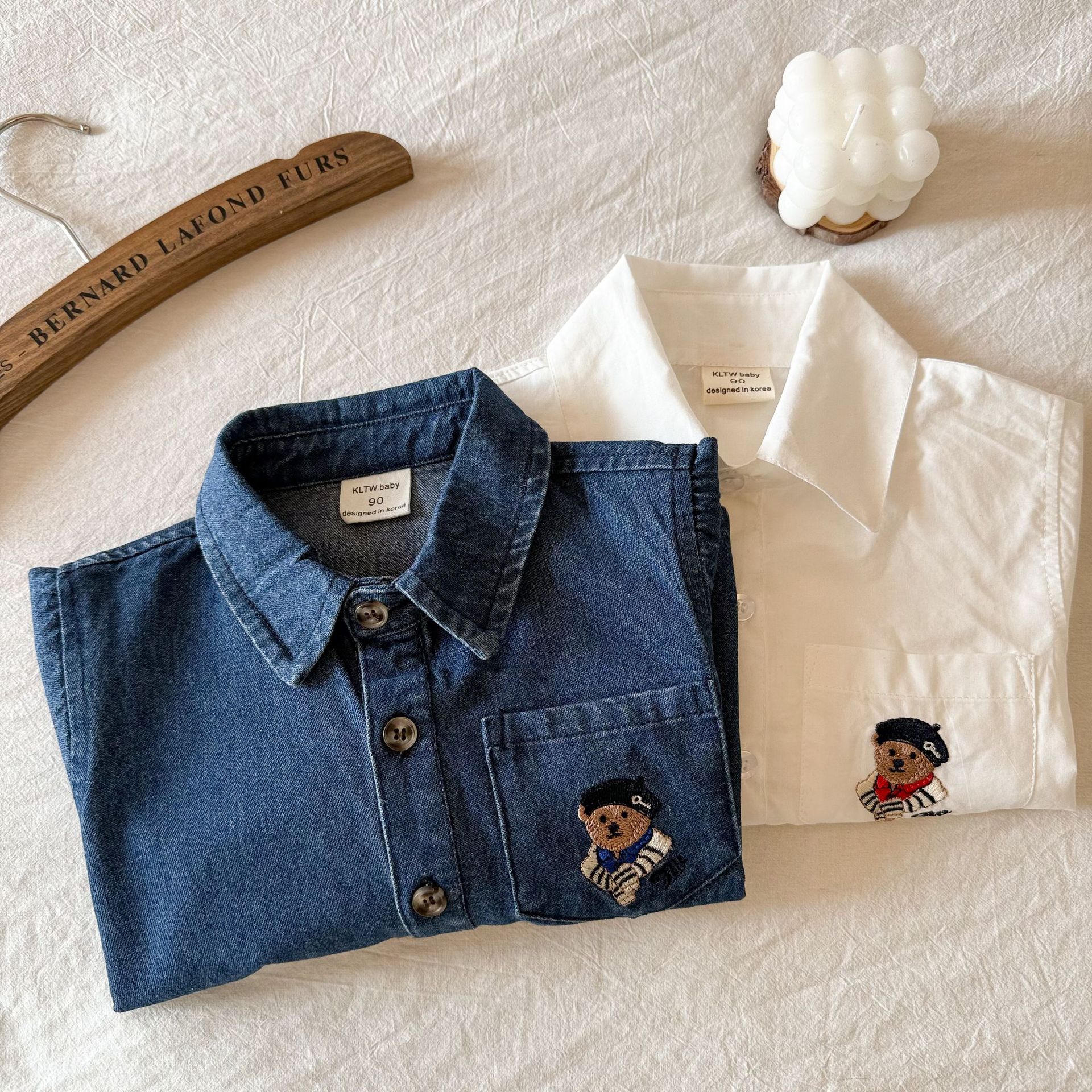 Children's Shirt 2025 Spring and Autumn New Boys and Girls Top Baby Cartoon Denim Top Bear White Shirt