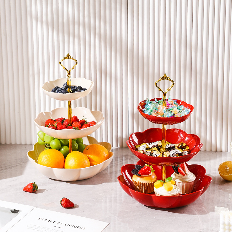 Light Luxury Plastic Flower-Shaped Multi-Layer Fruit Plate for Living Room and Tea Room with High-Looking Three-Layer Multi-Layer Snack Display Plate for Commercial Use