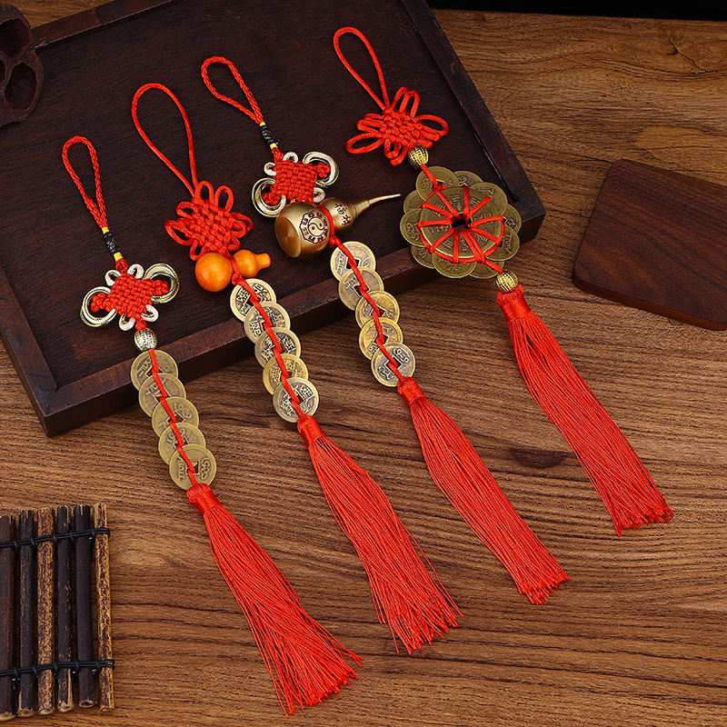 Factory wholesale five emperor money pure copper peach wood gourd pendant Chinese knot copper pendant car pendant travel supplies