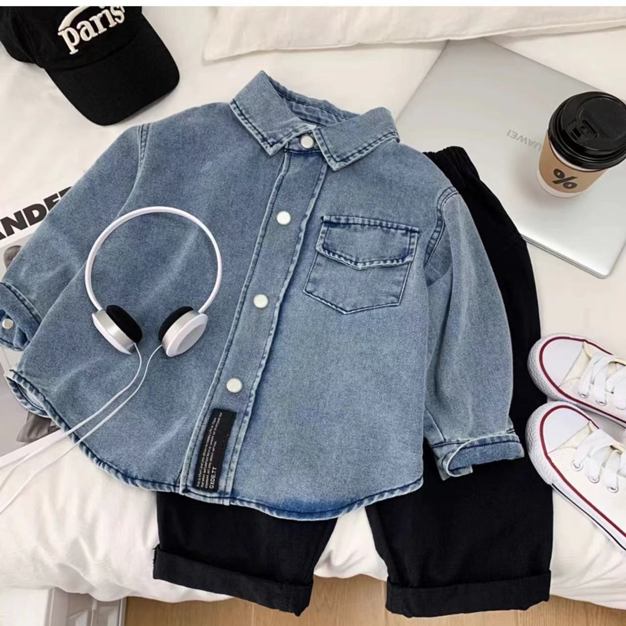 Новая детская джинсовая рубашка весенне-осенний топ для маленьких детей стильная рубашка с отложным воротником для мальчиков и девочек с длинным рукавом модный стиль
