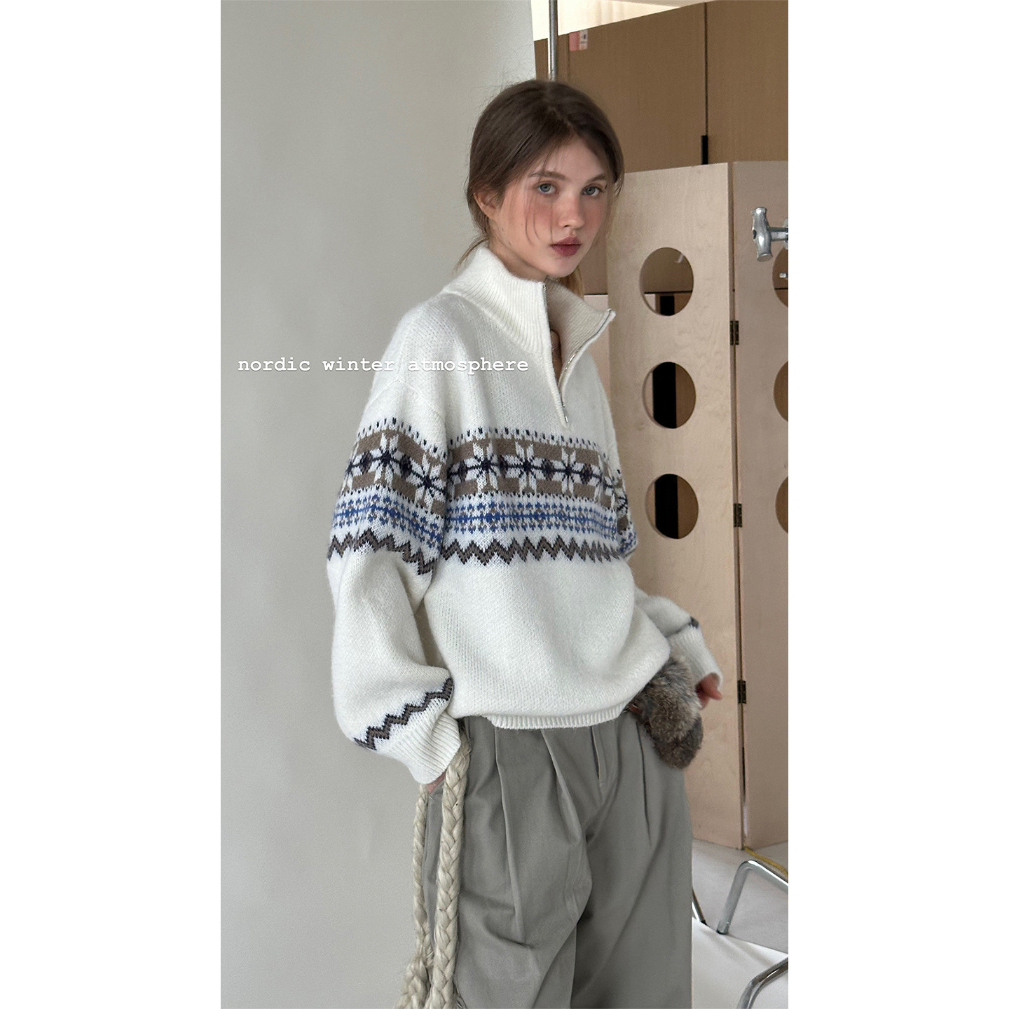 Letm Iceland Vacation' Retro High Weight Wool Fair Isle Jacquard Contrast Color Half Placket Large Sweater for Women
