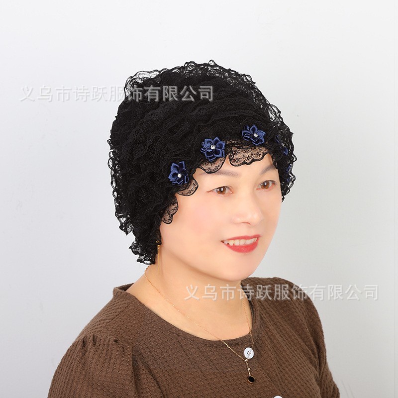 New Style Flower Lace Breathable Scarf Head-wrapping Hat Hair Cap White Hair Headwear Mother's Western Style Hair Accessories Hairdressing Hat