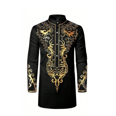 2024 Hot Selling Foreign Trade Cross-Border Hot Selling Men's Shirts African Muslim Men's Suits Hot Stamping Tops Single Piece