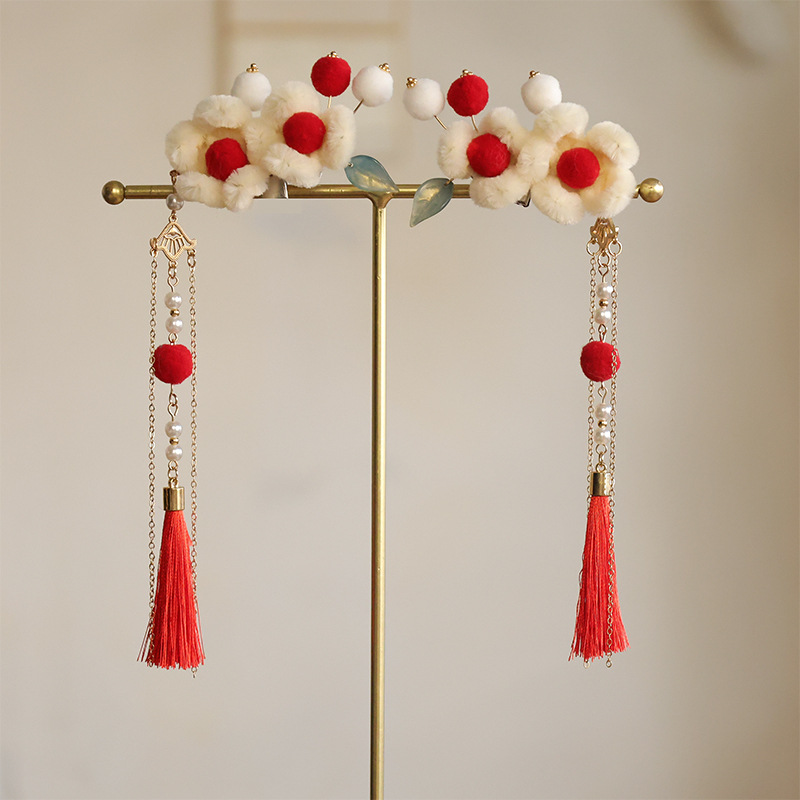 Hanfu Rabbit Hair Crown Antique Hair Accessories Hair Ball Hair Clip Red Tassel Hair Hairpin Pair Clip Accessories National Style New Year suit