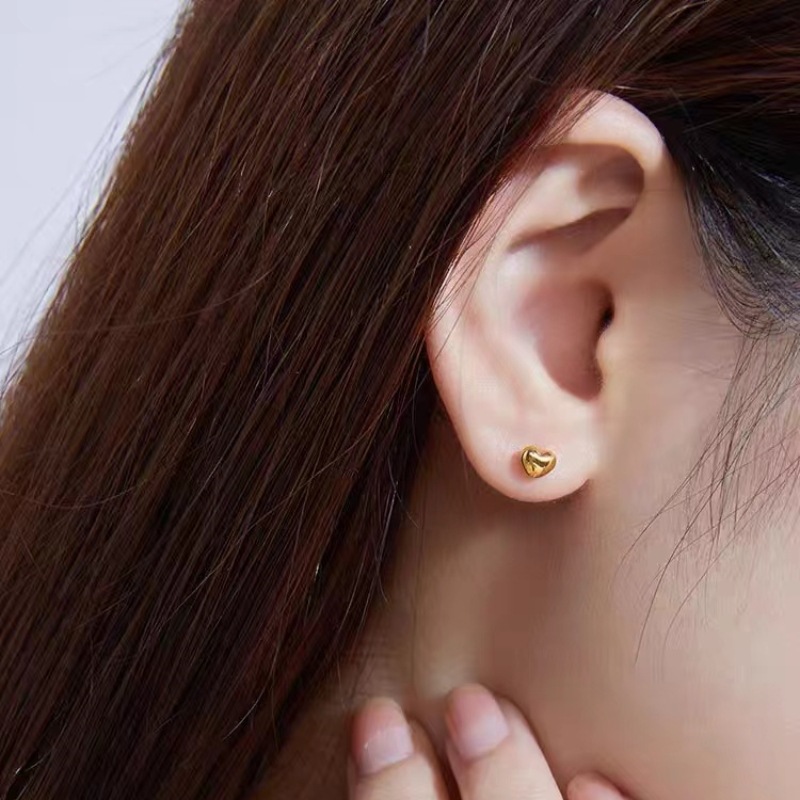 18K Gold Heart Earrings Au750 Simple Ear Piercing Peach Heart Women's Earrings Heart-Shaped Earrings Xiaohongshu Live Broadcast Hot Style