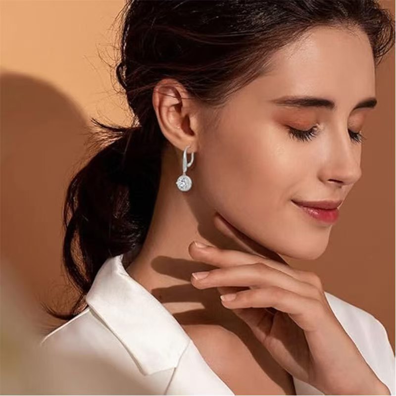 925 Silver French Buckle Earrings European and American Luxury Moissanite Round Bag Fashion Classic High-End Four-Claw Ear Hook Cross-Border