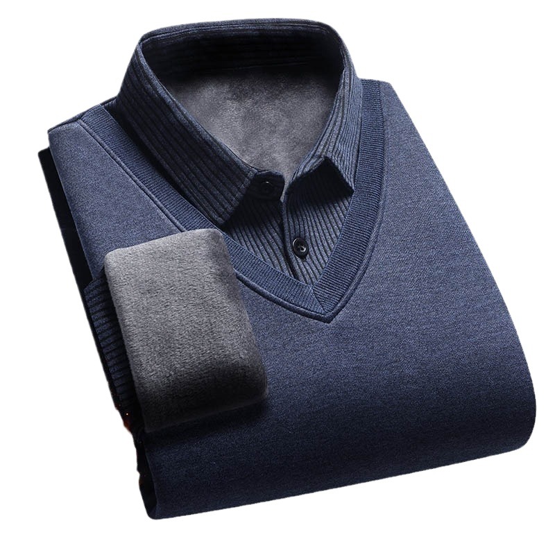 Winter Middle-aged and Elderly Dad fleece-lined Thickened Fake Two-piece Shirt Collar Top Solid Color Knitted Base Shirt Sweater for Men