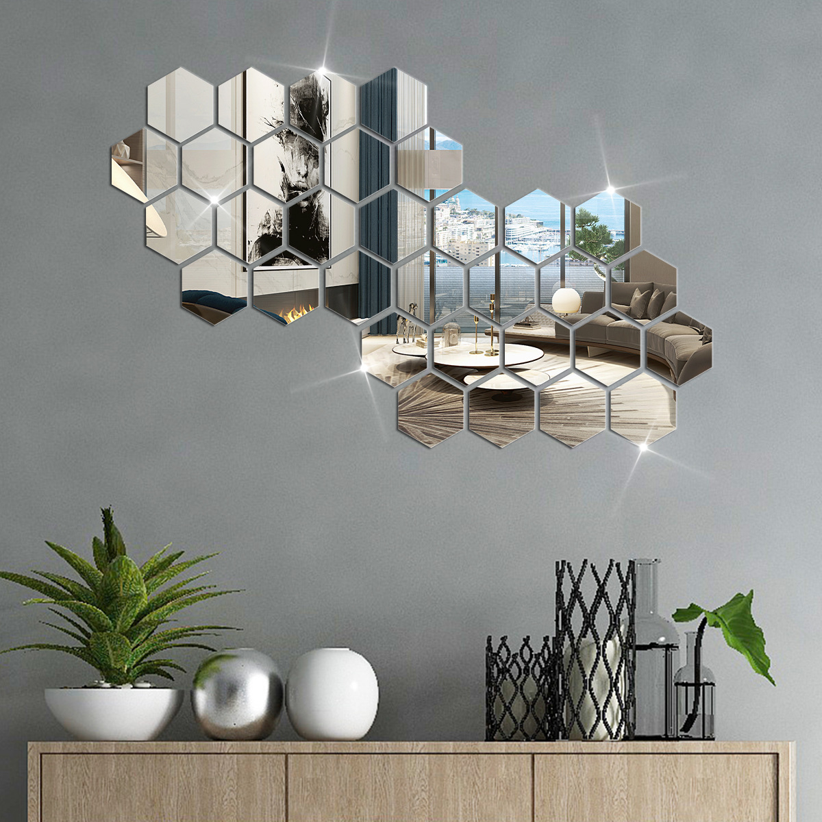 Акриловые зеркальные наклейки с шестигранной стежкой для стен, декор для фона ТВ и дивана