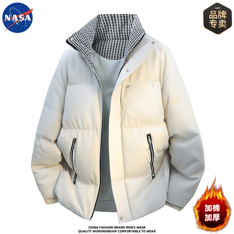 Nasa Brand Winter Warm Cotton Jacket for Men, Stand Collar, Loose Fit, Color-Blocking, High-Quality Cotton Coat, Couple's Cotton Padded Jacket