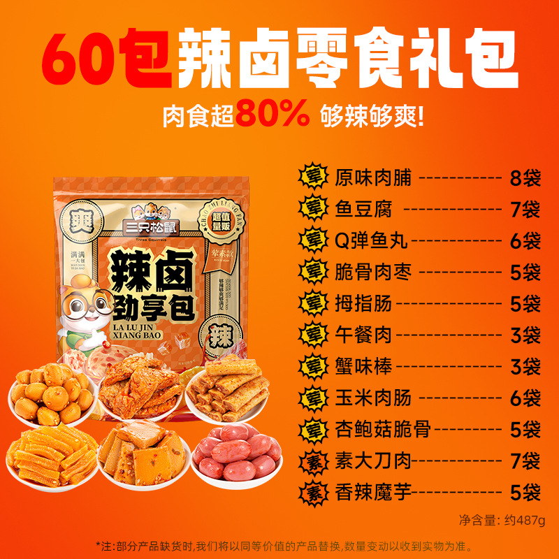 [Three Squirrels Spicy Marinated Gift Pack 60 Pack] Leisure Snack Gift Pack Marinated Meat Net Celebrity Night Snack