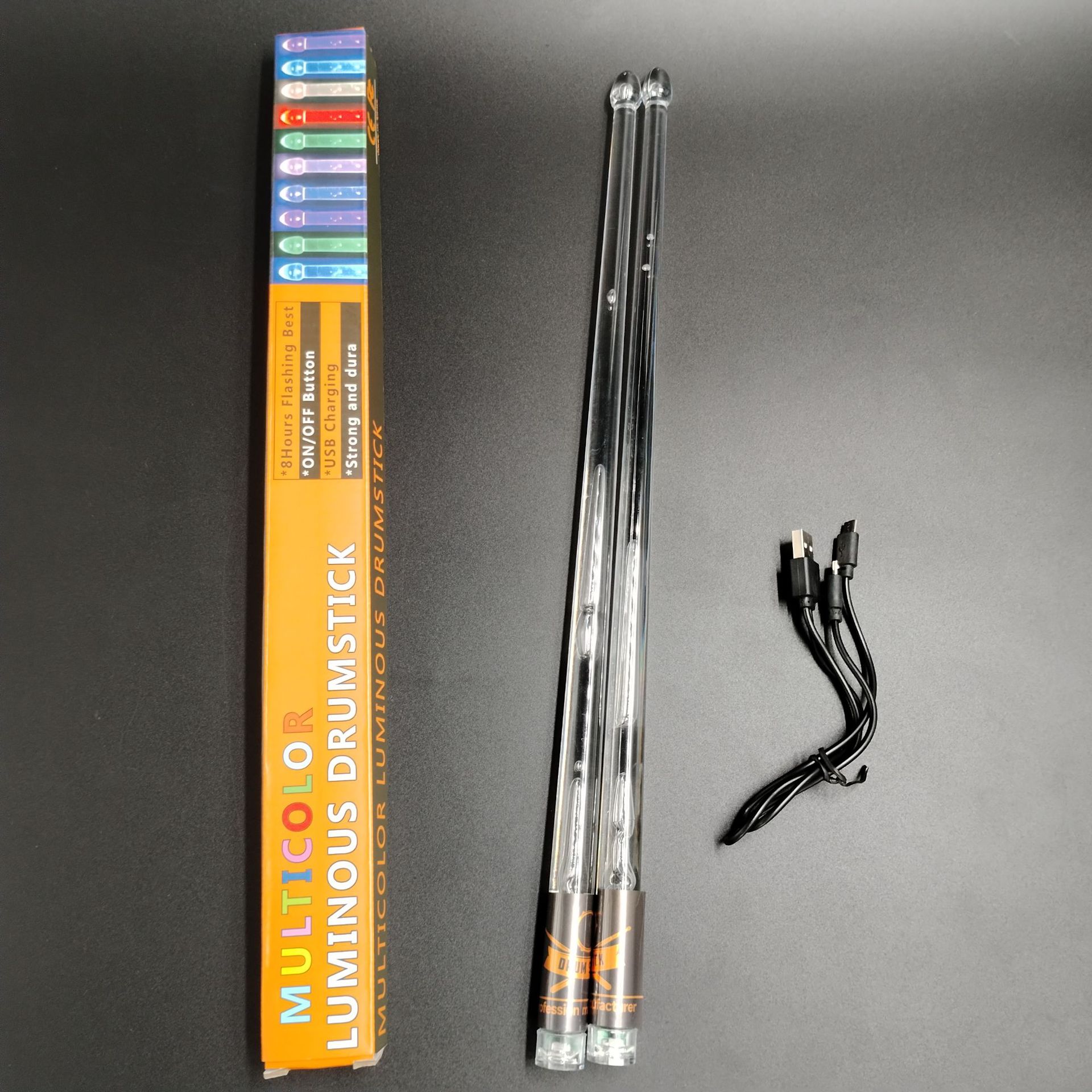 Led Multi-Color Rechargeable Drum Sticks Vibrating Luminous Drum Sticks with Switch USB Charging Multi-Color Change Polymer Resistant to Knocking